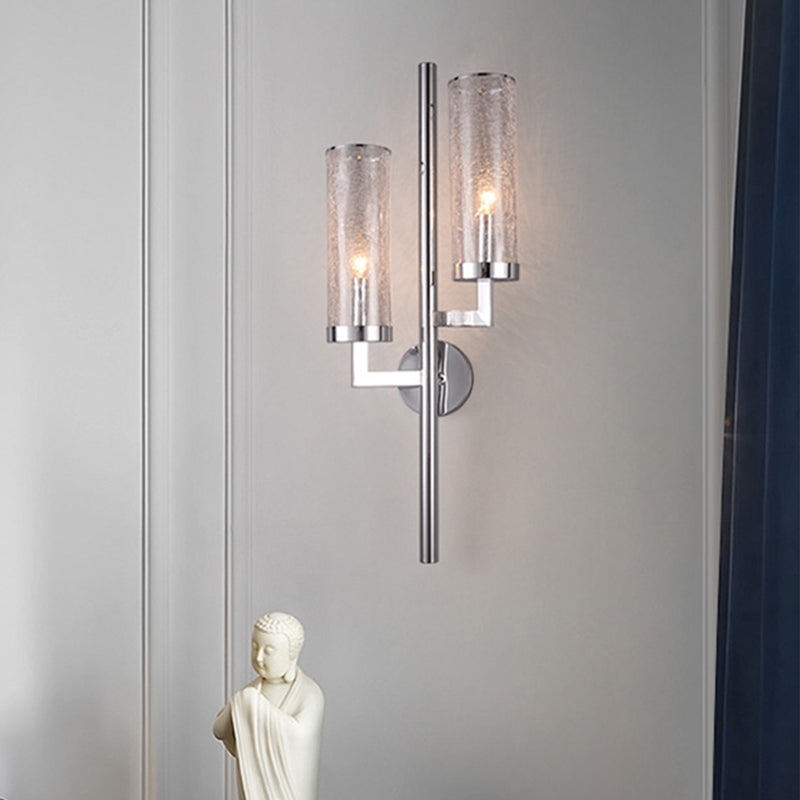 Chrome Armed Wall Lamp Modern 2 Bulbs Metal Sconce Light Fixture with Crackle Glass Shade - Chrome - Clearhalo - 'Cast Iron' - 'Glass' - 'Industrial' - 'Modern wall lights' - 'Modern' - 'Tiffany' - 'Traditional wall lights' - 'Wall Lamps & Sconces' - 'Wall Lights' - Lighting' - 330926