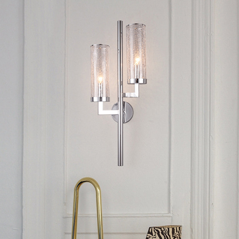 Chrome Armed Wall Lamp Modern 2 Bulbs Metal Sconce Light Fixture with Crackle Glass Shade - Clearhalo - 'Cast Iron' - 'Glass' - 'Industrial' - 'Modern wall lights' - 'Modern' - 'Tiffany' - 'Traditional wall lights' - 'Wall Lamps & Sconces' - 'Wall Lights' - Lighting' - 330927