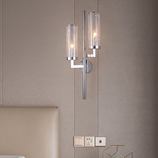 Chrome Armed Wall Lamp Modern 2 Bulbs Metal Sconce Light Fixture with Crackle Glass Shade Clearhalo 'Cast Iron' 'Glass' 'Industrial' 'Modern wall lights' 'Modern' 'Tiffany' 'Traditional wall lights' 'Wall Lamps & Sconces' 'Wall Lights' Lighting' 330928