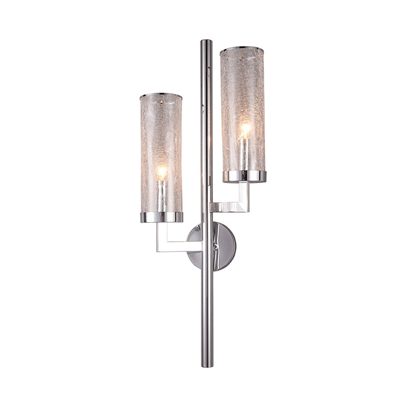 Chrome Armed Wall Lamp Modern 2 Bulbs Metal Sconce Light Fixture with Crackle Glass Shade Clearhalo 'Cast Iron' 'Glass' 'Industrial' 'Modern wall lights' 'Modern' 'Tiffany' 'Traditional wall lights' 'Wall Lamps & Sconces' 'Wall Lights' Lighting' 330929