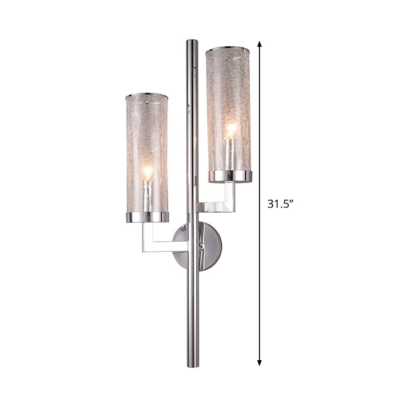 Chrome Armed Wall Lamp Modern 2 Bulbs Metal Sconce Light Fixture with Crackle Glass Shade - Clearhalo - 'Cast Iron' - 'Glass' - 'Industrial' - 'Modern wall lights' - 'Modern' - 'Tiffany' - 'Traditional wall lights' - 'Wall Lamps & Sconces' - 'Wall Lights' - Lighting' - 330930
