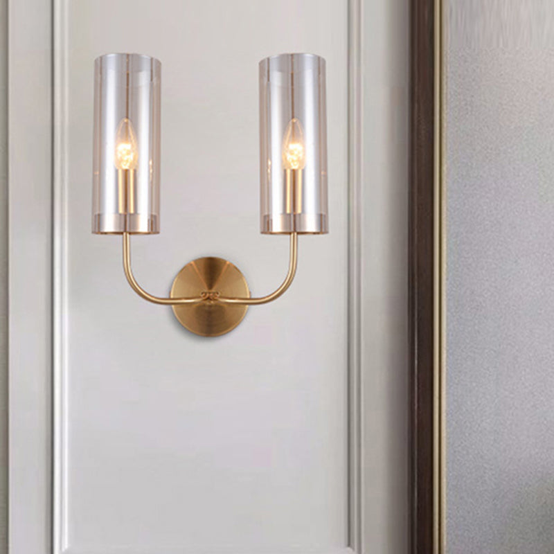 Cognac Glass Cylinder Sconce Light Modernist 2 Bulbs Wall Mount Lamp in Gold with Metal Curvy Arm - Cognac - Clearhalo - 'Cast Iron' - 'Glass' - 'Industrial' - 'Modern wall lights' - 'Modern' - 'Tiffany' - 'Traditional wall lights' - 'Wall Lamps & Sconces' - 'Wall Lights' - Lighting' - 330931