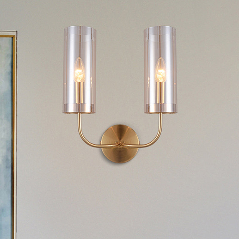 Cognac Glass Cylinder Sconce Light Modernist 2 Bulbs Wall Mount Lamp in Gold with Metal Curvy Arm - Clearhalo - 'Cast Iron' - 'Glass' - 'Industrial' - 'Modern wall lights' - 'Modern' - 'Tiffany' - 'Traditional wall lights' - 'Wall Lamps & Sconces' - 'Wall Lights' - Lighting' - 330932
