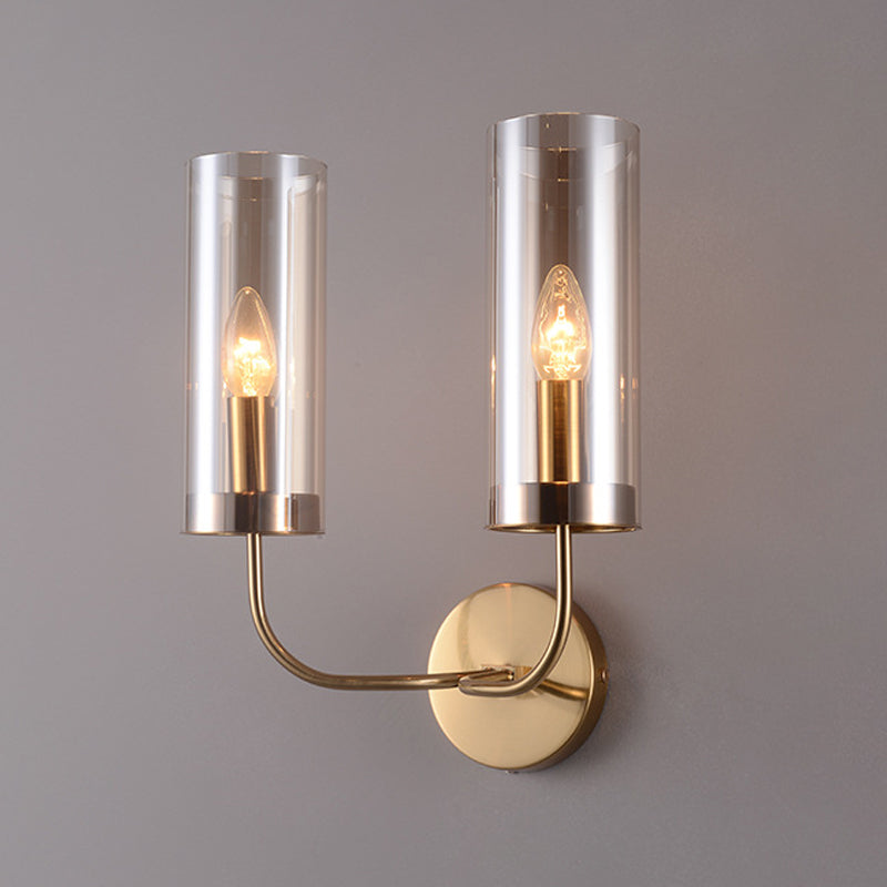 Cognac Glass Cylinder Sconce Light Modernist 2 Bulbs Wall Mount Lamp in Gold with Metal Curvy Arm - Clearhalo - 'Cast Iron' - 'Glass' - 'Industrial' - 'Modern wall lights' - 'Modern' - 'Tiffany' - 'Traditional wall lights' - 'Wall Lamps & Sconces' - 'Wall Lights' - Lighting' - 330933