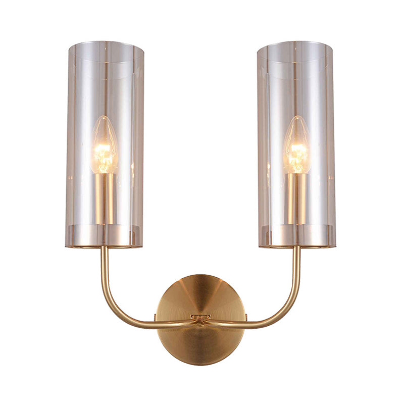 Cognac Glass Cylinder Sconce Light Modernist 2 Bulbs Wall Mount Lamp in Gold with Metal Curvy Arm - Clearhalo - 'Cast Iron' - 'Glass' - 'Industrial' - 'Modern wall lights' - 'Modern' - 'Tiffany' - 'Traditional wall lights' - 'Wall Lamps & Sconces' - 'Wall Lights' - Lighting' - 330934