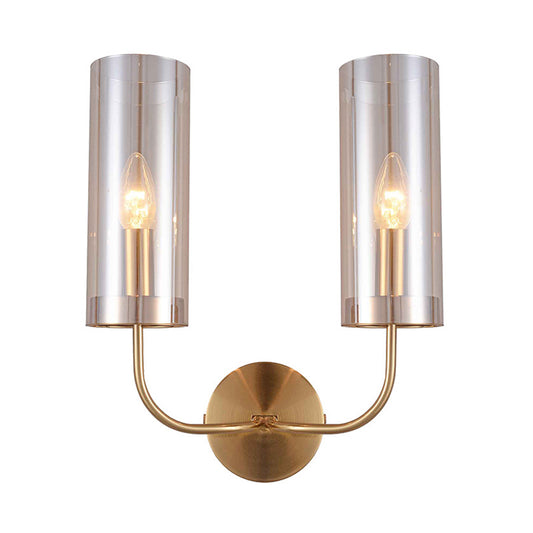 Cognac Glass Cylinder Sconce Light Modernist 2 Bulbs Wall Mount Lamp in Gold with Metal Curvy Arm Clearhalo 'Cast Iron' 'Glass' 'Industrial' 'Modern wall lights' 'Modern' 'Tiffany' 'Traditional wall lights' 'Wall Lamps & Sconces' 'Wall Lights' Lighting' 330934