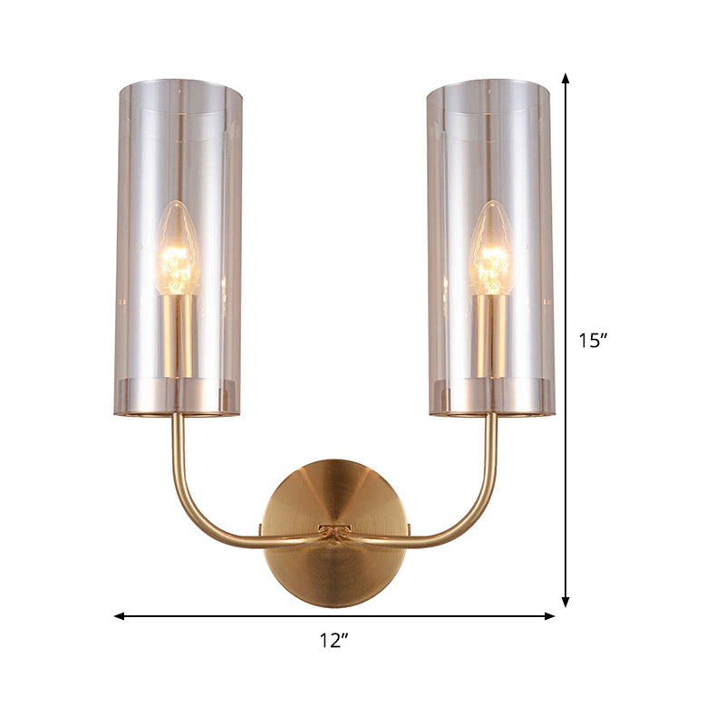 Cognac Glass Cylinder Sconce Light Modernist 2 Bulbs Wall Mount Lamp in Gold with Metal Curvy Arm Clearhalo 'Cast Iron' 'Glass' 'Industrial' 'Modern wall lights' 'Modern' 'Tiffany' 'Traditional wall lights' 'Wall Lamps & Sconces' 'Wall Lights' Lighting' 330935