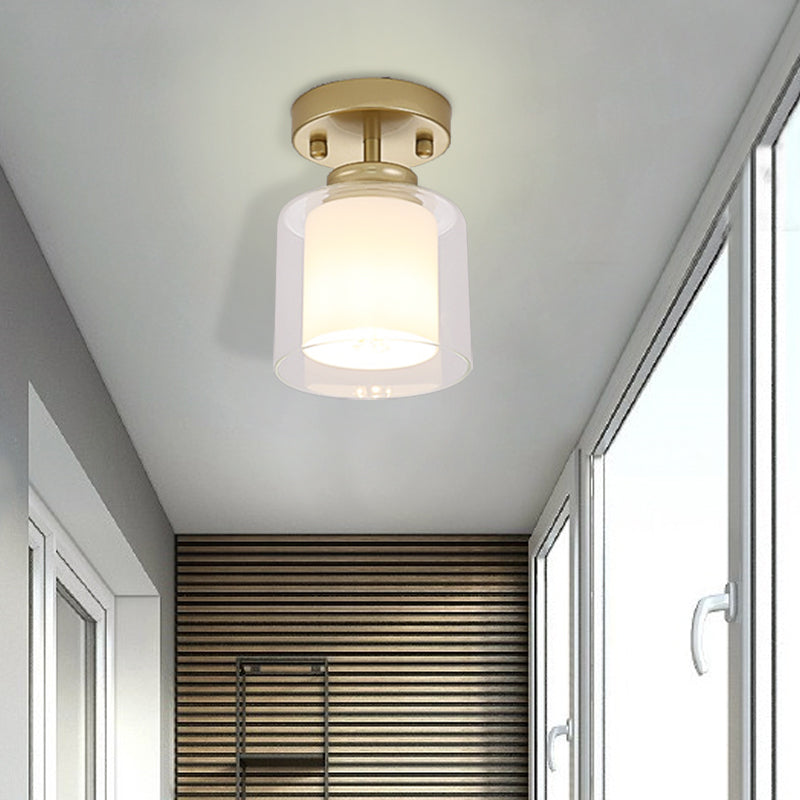 Black/Silver/Gold Finish Cylinder Semi Flush Ceiling Light with Glass Shade Contemporary 1 Bulb Semi Flush Light Fixture Gold Clearhalo 'Ceiling Lights' 'Close To Ceiling Lights' 'Close to ceiling' 'Glass shade' 'Glass' Lighting' 330954