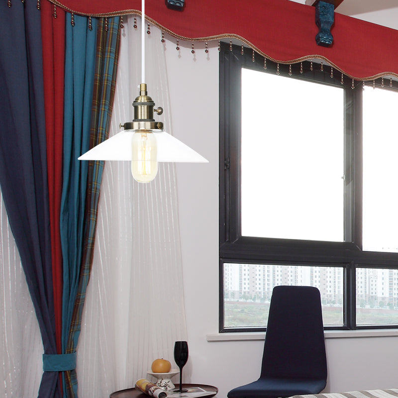 Farmhouse Style Cone Pendant Lamp Metallic and Clear Glass 1 Bulb Indoor Height Adjustable Ceiling Light in Black/Bronze/Brass Clearhalo 'Art Deco Pendants' 'Black' 'Cast Iron' 'Ceiling Lights' 'Ceramic' 'Crystal' 'Industrial Pendants' 'Industrial' 'Metal' 'Middle Century Pendants' 'Pendant Lights' 'Pendants' 'Rustic Pendants' 'Tiffany' Lighting' 330971