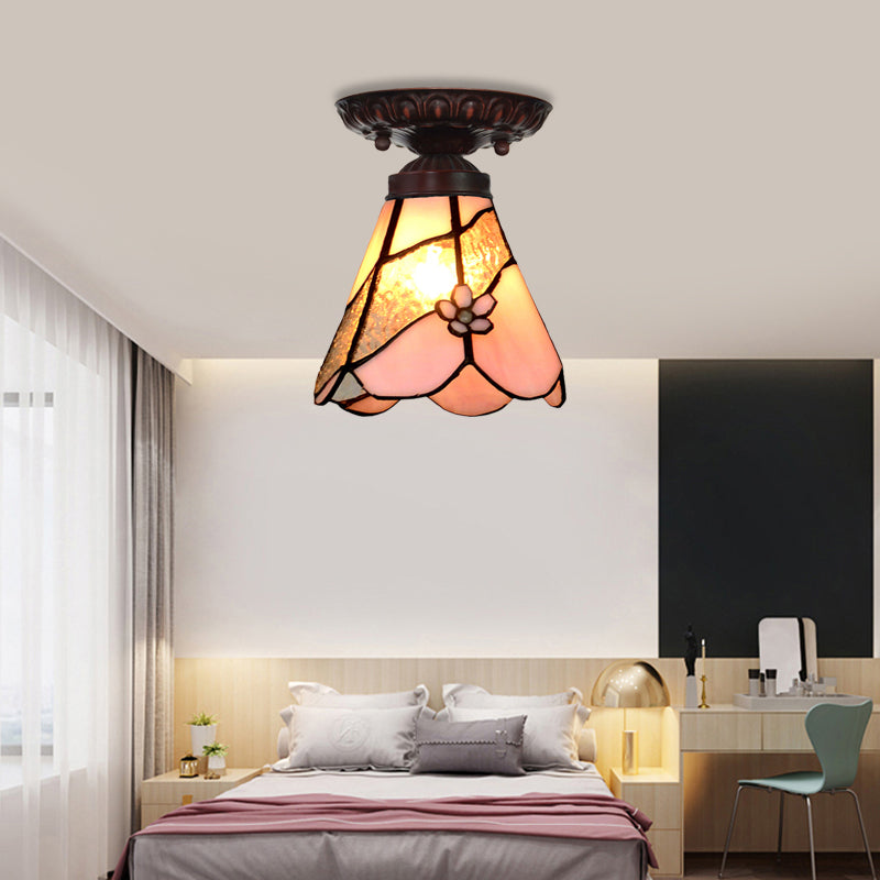 1 Light Flower/Flared/Rhombus Flushmount Lighting Tiffany Style Pink Glass Ceiling Light Fixture Pink Flower Clearhalo 'Ceiling Lights' 'Close To Ceiling Lights' 'Close to ceiling' 'Flush mount' Lighting' 330982