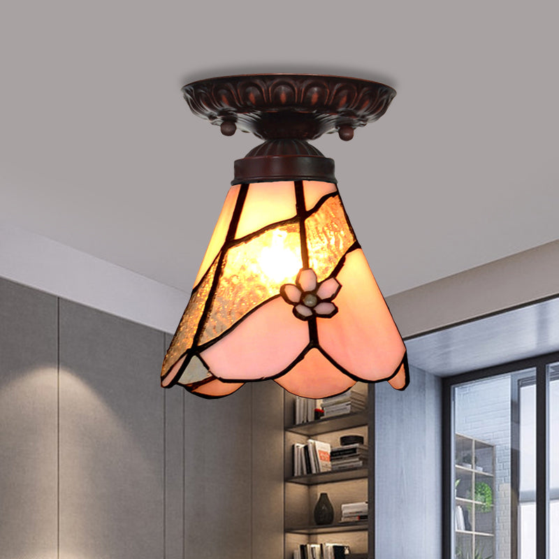 1 Light Flower/Flared/Rhombus Flushmount Lighting Tiffany Style Pink Glass Ceiling Light Fixture Clearhalo 'Ceiling Lights' 'Close To Ceiling Lights' 'Close to ceiling' 'Flush mount' Lighting' 330983
