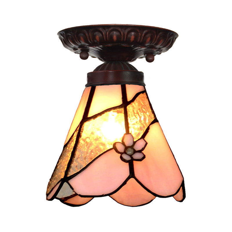 1 Light Flower/Flared/Rhombus Flushmount Lighting Tiffany Style Pink Glass Ceiling Light Fixture Clearhalo 'Ceiling Lights' 'Close To Ceiling Lights' 'Close to ceiling' 'Flush mount' Lighting' 330984