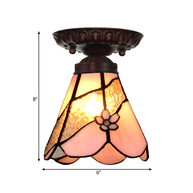1 Light Flower/Flared/Rhombus Flushmount Lighting Tiffany Style Pink Glass Ceiling Light Fixture Clearhalo 'Ceiling Lights' 'Close To Ceiling Lights' 'Close to ceiling' 'Flush mount' Lighting' 330986