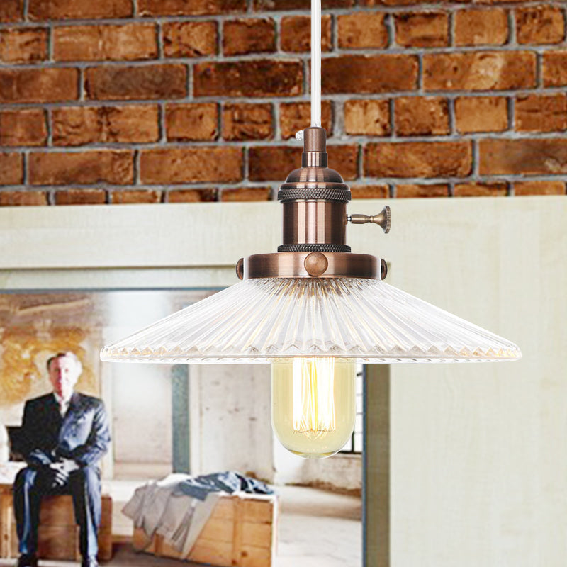 Saucer Pendant Lighting Vintage Stylish Clear Ribbed Glass 1 Head Black/Bronze/Brass Ceiling Fixture for Coffee Shop Copper Clearhalo 'Art Deco Pendants' 'Black' 'Cast Iron' 'Ceiling Lights' 'Ceramic' 'Crystal' 'Industrial Pendants' 'Industrial' 'Metal' 'Middle Century Pendants' 'Pendant Lights' 'Pendants' 'Rustic Pendants' 'Tiffany' Lighting' 331000