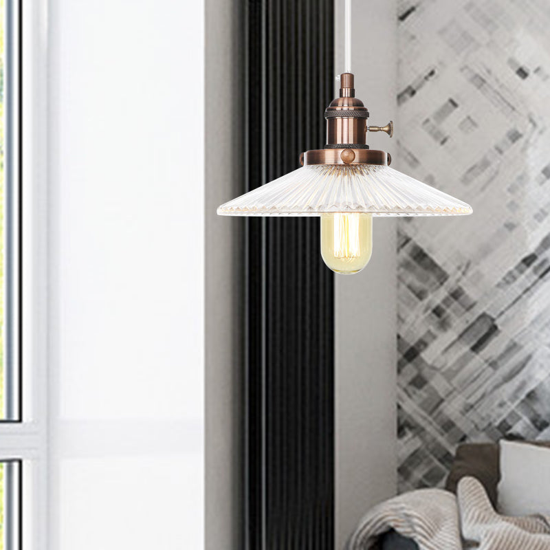 Saucer Pendant Lighting Vintage Stylish Clear Ribbed Glass 1 Head Black/Bronze/Brass Ceiling Fixture for Coffee Shop Clearhalo 'Art Deco Pendants' 'Black' 'Cast Iron' 'Ceiling Lights' 'Ceramic' 'Crystal' 'Industrial Pendants' 'Industrial' 'Metal' 'Middle Century Pendants' 'Pendant Lights' 'Pendants' 'Rustic Pendants' 'Tiffany' Lighting' 331002