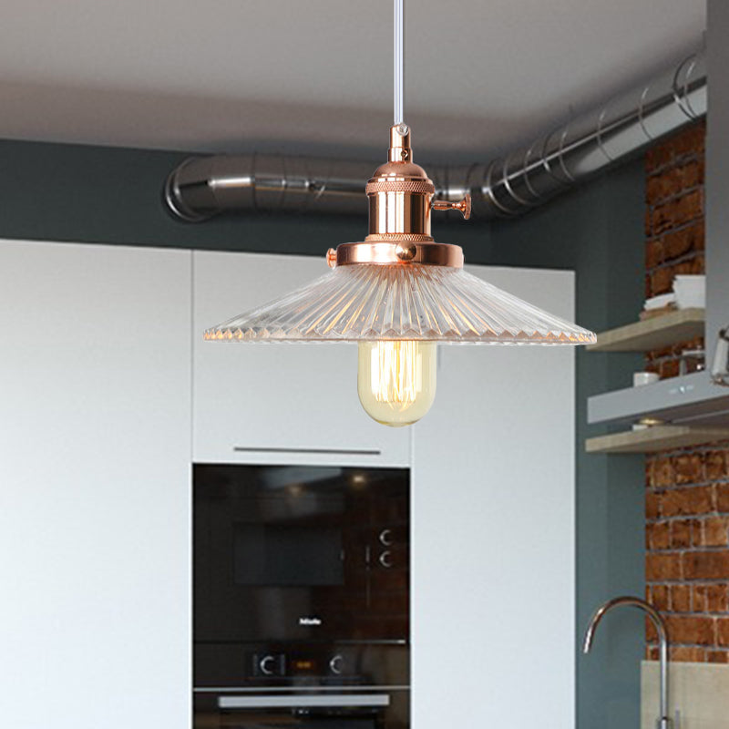 Saucer Pendant Lighting Vintage Stylish Clear Ribbed Glass 1 Head Black/Bronze/Brass Ceiling Fixture for Coffee Shop Clearhalo 'Art Deco Pendants' 'Black' 'Cast Iron' 'Ceiling Lights' 'Ceramic' 'Crystal' 'Industrial Pendants' 'Industrial' 'Metal' 'Middle Century Pendants' 'Pendant Lights' 'Pendants' 'Rustic Pendants' 'Tiffany' Lighting' 331006