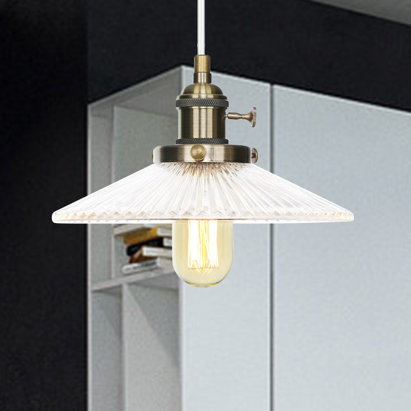 Saucer Pendant Lighting Vintage Stylish Clear Ribbed Glass 1 Head Black/Bronze/Brass Ceiling Fixture for Coffee Shop Bronze Clearhalo 'Art Deco Pendants' 'Black' 'Cast Iron' 'Ceiling Lights' 'Ceramic' 'Crystal' 'Industrial Pendants' 'Industrial' 'Metal' 'Middle Century Pendants' 'Pendant Lights' 'Pendants' 'Rustic Pendants' 'Tiffany' Lighting' 331013