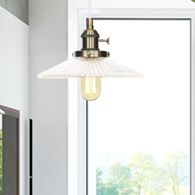Saucer Pendant Lighting Vintage Stylish Clear Ribbed Glass 1 Head Black/Bronze/Brass Ceiling Fixture for Coffee Shop Clearhalo 'Art Deco Pendants' 'Black' 'Cast Iron' 'Ceiling Lights' 'Ceramic' 'Crystal' 'Industrial Pendants' 'Industrial' 'Metal' 'Middle Century Pendants' 'Pendant Lights' 'Pendants' 'Rustic Pendants' 'Tiffany' Lighting' 331014
