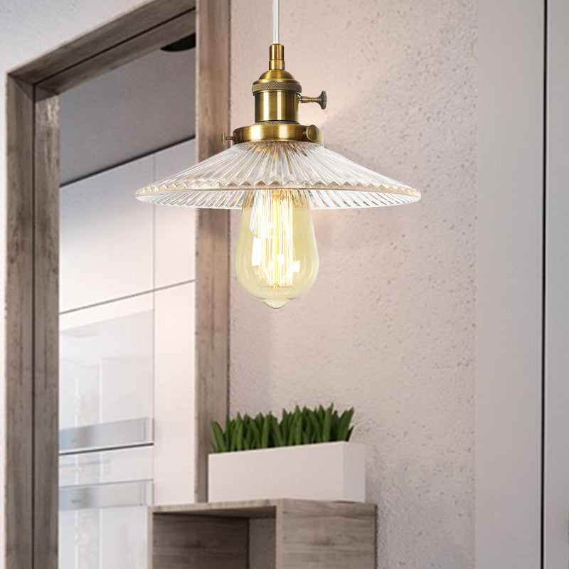 Saucer Pendant Lighting Vintage Stylish Clear Ribbed Glass 1 Head Black/Bronze/Brass Ceiling Fixture for Coffee Shop Clearhalo 'Art Deco Pendants' 'Black' 'Cast Iron' 'Ceiling Lights' 'Ceramic' 'Crystal' 'Industrial Pendants' 'Industrial' 'Metal' 'Middle Century Pendants' 'Pendant Lights' 'Pendants' 'Rustic Pendants' 'Tiffany' Lighting' 331018
