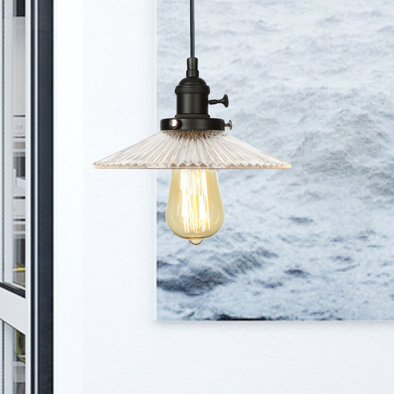 Saucer Pendant Lighting Vintage Stylish Clear Ribbed Glass 1 Head Black/Bronze/Brass Ceiling Fixture for Coffee Shop Clearhalo 'Art Deco Pendants' 'Black' 'Cast Iron' 'Ceiling Lights' 'Ceramic' 'Crystal' 'Industrial Pendants' 'Industrial' 'Metal' 'Middle Century Pendants' 'Pendant Lights' 'Pendants' 'Rustic Pendants' 'Tiffany' Lighting' 331022