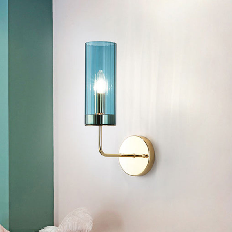 Contemporary Tubular Sconce Cognac/Light Blue Glass 1 Head Living Room Wall Mounted Light Fixture