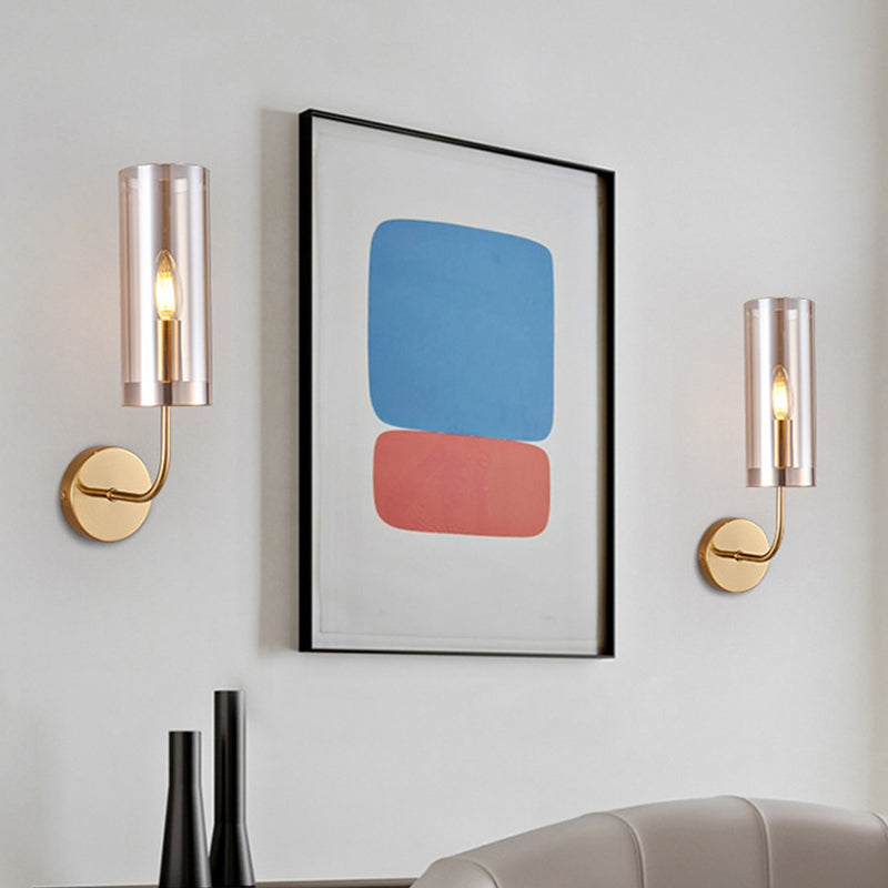 Contemporary Tubular Sconce Cognac/Light Blue Glass 1 Head Living Room Wall Mounted Light Fixture