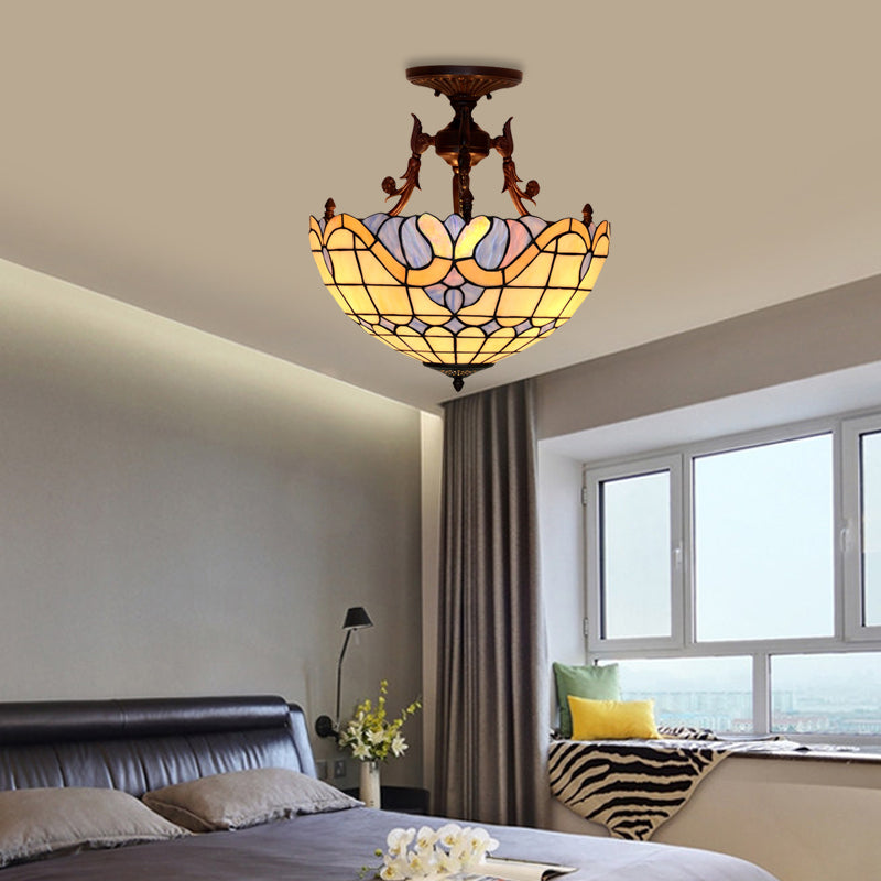 Dome Semi Mount Lighting Tiffany Beige/Light Blue Glass 3 Lights Bronze Ceiling Light Fixture for Living Room Light Blue Clearhalo 'Ceiling Lights' 'Close To Ceiling Lights' 'Close to ceiling' 'Flush mount' Lighting' 331054