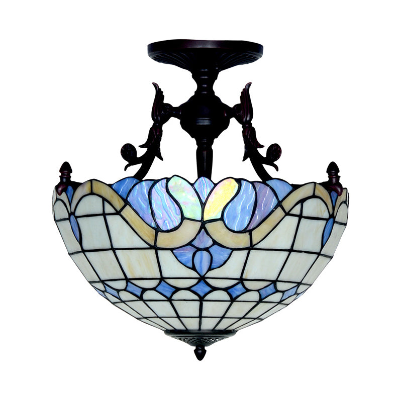 Dome Semi Mount Lighting Tiffany Beige/Light Blue Glass 3 Lights Bronze Ceiling Light Fixture for Living Room Clearhalo 'Ceiling Lights' 'Close To Ceiling Lights' 'Close to ceiling' 'Flush mount' Lighting' 331057