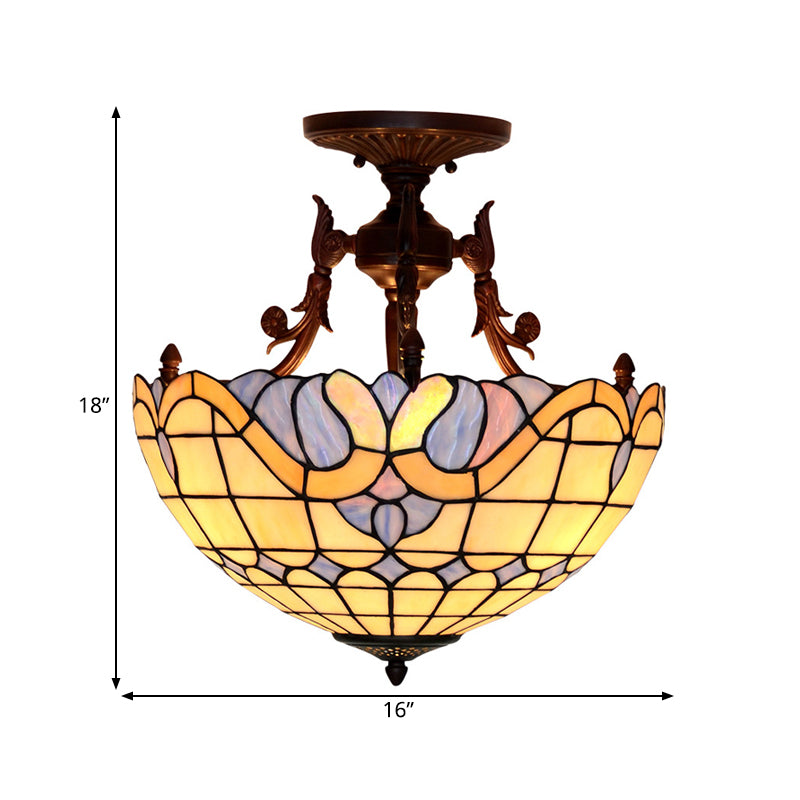 Dome Semi Mount Lighting Tiffany Beige/Light Blue Glass 3 Lights Bronze Ceiling Light Fixture for Living Room Clearhalo 'Ceiling Lights' 'Close To Ceiling Lights' 'Close to ceiling' 'Flush mount' Lighting' 331058