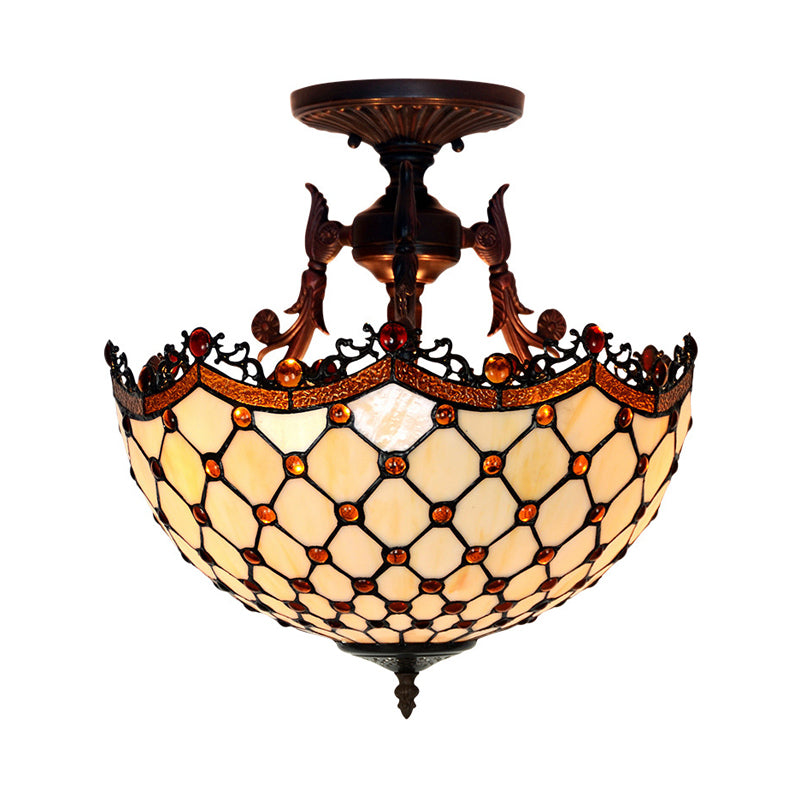 Dome Semi Mount Lighting Tiffany Beige/Light Blue Glass 3 Lights Bronze Ceiling Light Fixture for Living Room Beige Clearhalo 'Ceiling Lights' 'Close To Ceiling Lights' 'Close to ceiling' 'Flush mount' Lighting' 331059