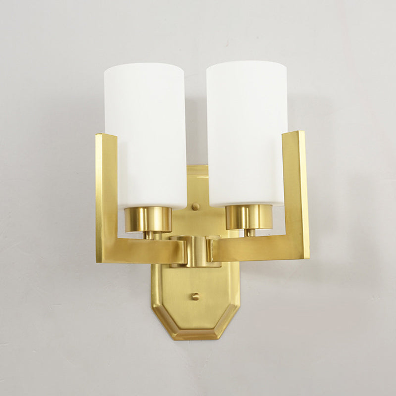 Modernist 2 Heads Sconce Light Gold Cylinder Wall Mounted Lamp with Milk Glass Shade Clearhalo 'Cast Iron' 'Glass' 'Industrial' 'Modern wall lights' 'Modern' 'Tiffany' 'Traditional wall lights' 'Wall Lamps & Sconces' 'Wall Lights' Lighting' 331080