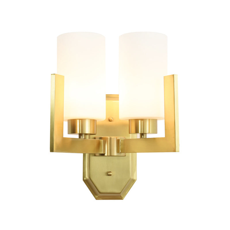 Modernist 2 Heads Sconce Light Gold Cylinder Wall Mounted Lamp with Milk Glass Shade - Clearhalo - 'Cast Iron' - 'Glass' - 'Industrial' - 'Modern wall lights' - 'Modern' - 'Tiffany' - 'Traditional wall lights' - 'Wall Lamps & Sconces' - 'Wall Lights' - Lighting' - 331081