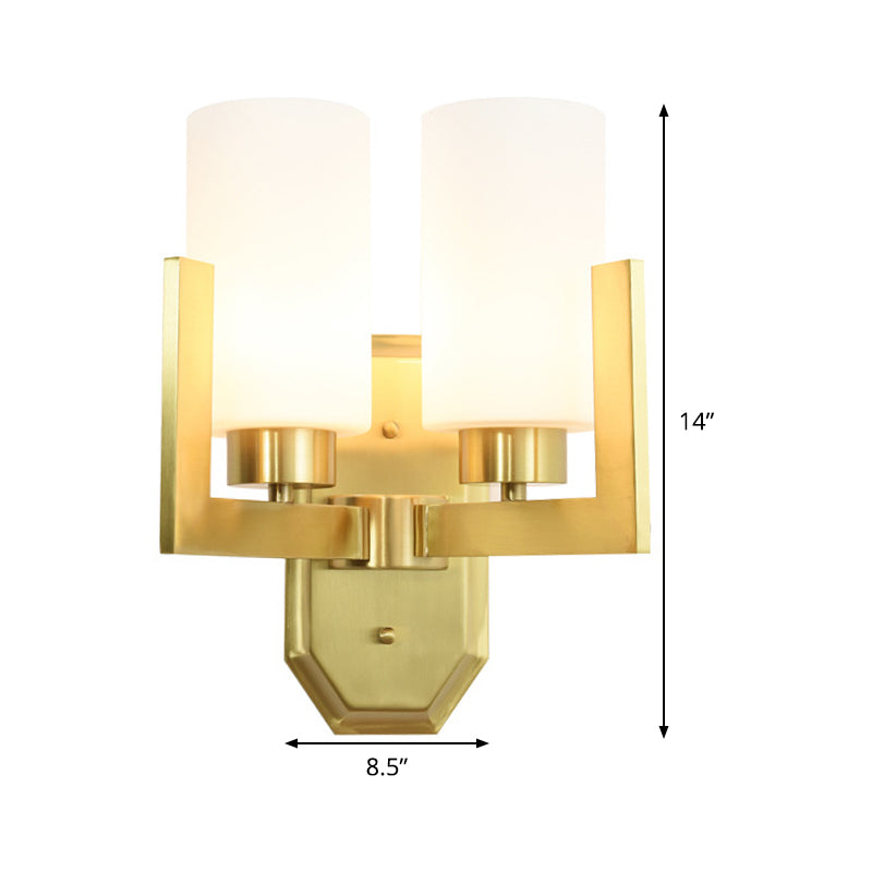 Modernist 2 Heads Sconce Light Gold Cylinder Wall Mounted Lamp with Milk Glass Shade - Clearhalo - 'Cast Iron' - 'Glass' - 'Industrial' - 'Modern wall lights' - 'Modern' - 'Tiffany' - 'Traditional wall lights' - 'Wall Lamps & Sconces' - 'Wall Lights' - Lighting' - 331082
