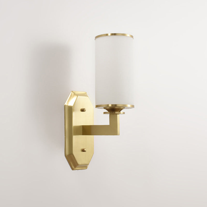 Modernism Cylindrical Sconce Light Opal Glass 1 Bulb Wall Lighting Fixture in Gold with Metal Arm - Clearhalo - 'Cast Iron' - 'Glass' - 'Industrial' - 'Modern wall lights' - 'Modern' - 'Tiffany' - 'Traditional wall lights' - 'Wall Lamps & Sconces' - 'Wall Lights' - Lighting' - 331085