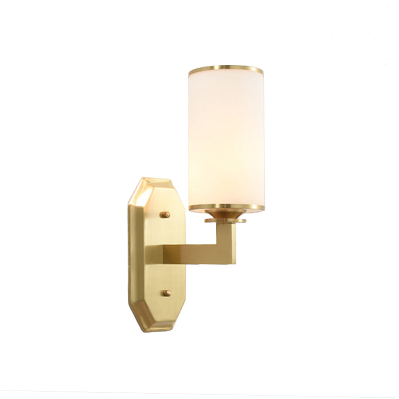 Modernism Cylindrical Sconce Light Opal Glass 1 Bulb Wall Lighting Fixture in Gold with Metal Arm Clearhalo 'Cast Iron' 'Glass' 'Industrial' 'Modern wall lights' 'Modern' 'Tiffany' 'Traditional wall lights' 'Wall Lamps & Sconces' 'Wall Lights' Lighting' 331086