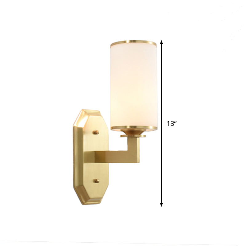 Modernism Cylindrical Sconce Light Opal Glass 1 Bulb Wall Lighting Fixture in Gold with Metal Arm - Clearhalo - 'Cast Iron' - 'Glass' - 'Industrial' - 'Modern wall lights' - 'Modern' - 'Tiffany' - 'Traditional wall lights' - 'Wall Lamps & Sconces' - 'Wall Lights' - Lighting' - 331087