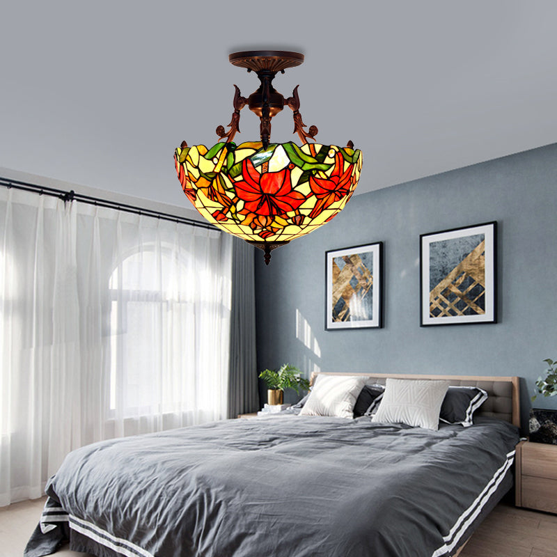 3 Lights Living Room Semi Flush Light Victorian Bronze Ceiling Mount with Dome/Cone Red/Green Cut Glass Shade Red Clearhalo 'Ceiling Lights' 'Close To Ceiling Lights' 'Close to ceiling' 'Glass shade' 'Glass' 'Semi-flushmount' 'Tiffany close to ceiling' 'Tiffany' Lighting' 331088