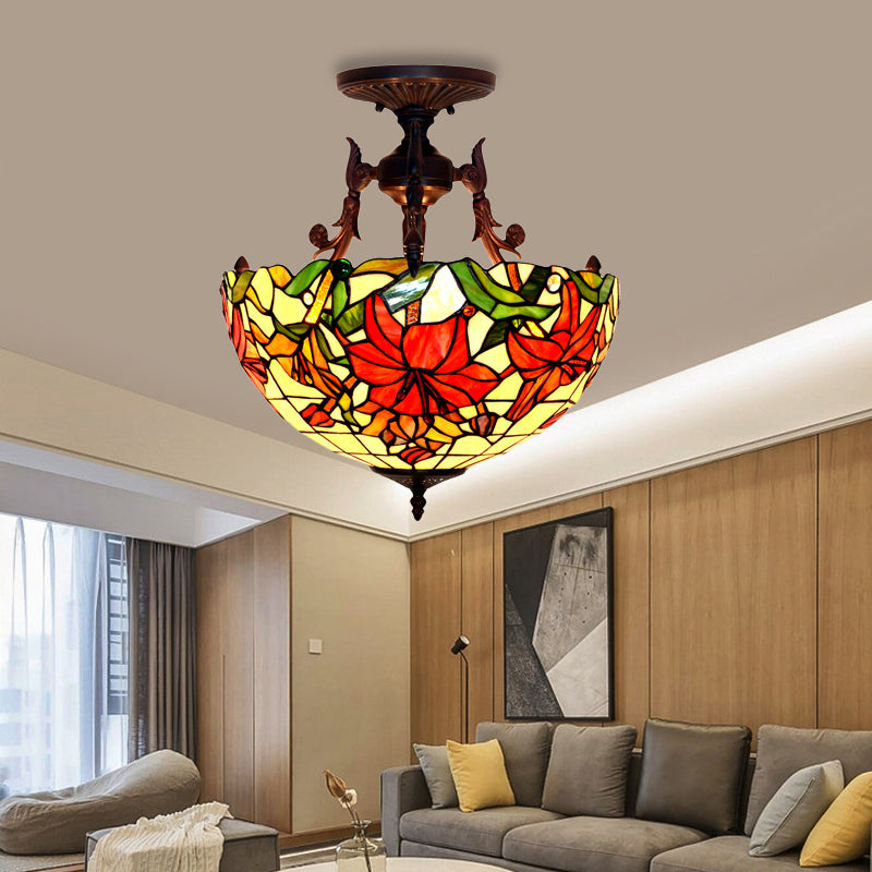3 Lights Living Room Semi Flush Light Victorian Bronze Ceiling Mount with Dome/Cone Red/Green Cut Glass Shade Clearhalo 'Ceiling Lights' 'Close To Ceiling Lights' 'Close to ceiling' 'Glass shade' 'Glass' 'Semi-flushmount' 'Tiffany close to ceiling' 'Tiffany' Lighting' 331089