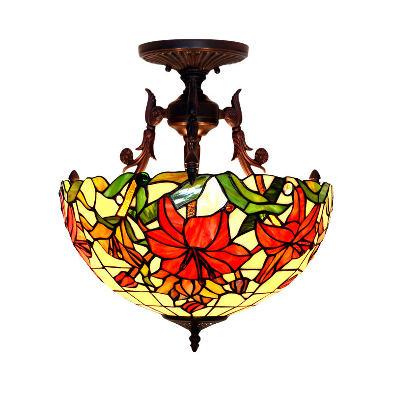 3 Lights Living Room Semi Flush Light Victorian Bronze Ceiling Mount with Dome/Cone Red/Green Cut Glass Shade Clearhalo 'Ceiling Lights' 'Close To Ceiling Lights' 'Close to ceiling' 'Glass shade' 'Glass' 'Semi-flushmount' 'Tiffany close to ceiling' 'Tiffany' Lighting' 331090
