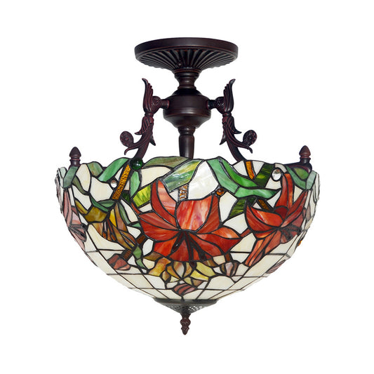 3 Lights Living Room Semi Flush Light Victorian Bronze Ceiling Mount with Dome/Cone Red/Green Cut Glass Shade Clearhalo 'Ceiling Lights' 'Close To Ceiling Lights' 'Close to ceiling' 'Glass shade' 'Glass' 'Semi-flushmount' 'Tiffany close to ceiling' 'Tiffany' Lighting' 331091