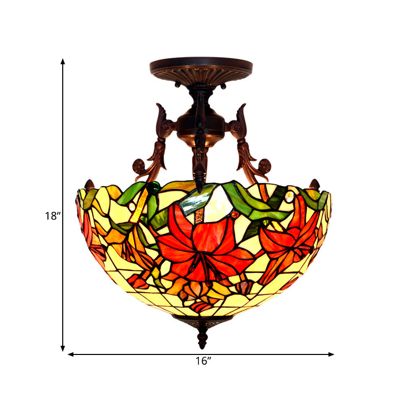 3 Lights Living Room Semi Flush Light Victorian Bronze Ceiling Mount with Dome/Cone Red/Green Cut Glass Shade Clearhalo 'Ceiling Lights' 'Close To Ceiling Lights' 'Close to ceiling' 'Glass shade' 'Glass' 'Semi-flushmount' 'Tiffany close to ceiling' 'Tiffany' Lighting' 331092