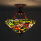 3 Lights Living Room Semi Flush Light Victorian Bronze Ceiling Mount with Dome/Cone Red/Green Cut Glass Shade Green Clearhalo 'Ceiling Lights' 'Close To Ceiling Lights' 'Close to ceiling' 'Glass shade' 'Glass' 'Semi-flushmount' 'Tiffany close to ceiling' 'Tiffany' Lighting' 331093