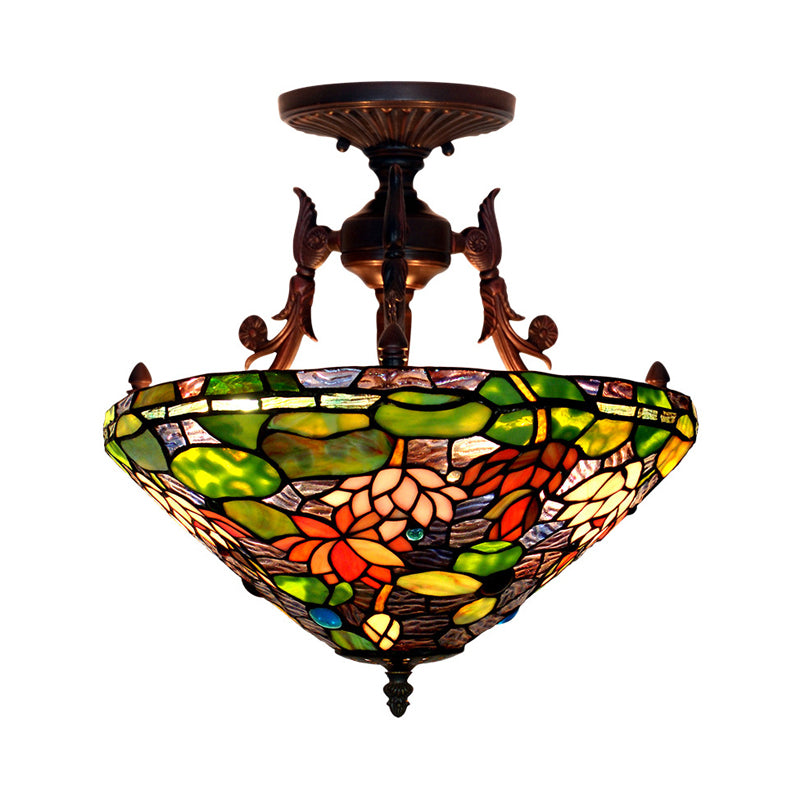 3 Lights Living Room Semi Flush Light Victorian Bronze Ceiling Mount with Dome/Cone Red/Green Cut Glass Shade Clearhalo 'Ceiling Lights' 'Close To Ceiling Lights' 'Close to ceiling' 'Glass shade' 'Glass' 'Semi-flushmount' 'Tiffany close to ceiling' 'Tiffany' Lighting' 331094