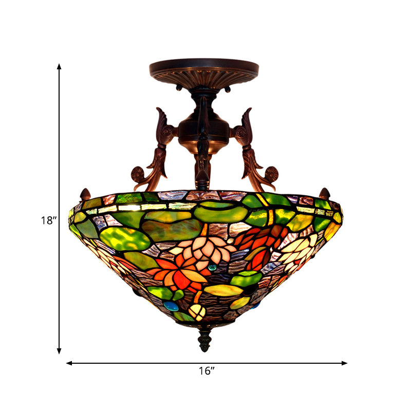 3 Lights Living Room Semi Flush Light Victorian Bronze Ceiling Mount with Dome/Cone Red/Green Cut Glass Shade Clearhalo 'Ceiling Lights' 'Close To Ceiling Lights' 'Close to ceiling' 'Glass shade' 'Glass' 'Semi-flushmount' 'Tiffany close to ceiling' 'Tiffany' Lighting' 331095