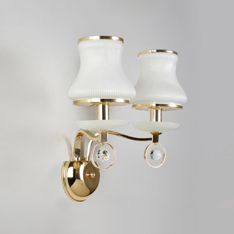 White Glass Flared Sconce Light Modernist 2 Bulbs Wall Mounted Lighting in Gold with Metal Arm Clearhalo 'Cast Iron' 'Glass' 'Industrial' 'Modern wall lights' 'Modern' 'Tiffany' 'Traditional wall lights' 'Wall Lamps & Sconces' 'Wall Lights' Lighting' 331128