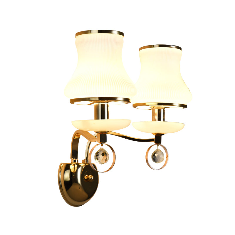White Glass Flared Sconce Light Modernist 2 Bulbs Wall Mounted Lighting in Gold with Metal Arm Clearhalo 'Cast Iron' 'Glass' 'Industrial' 'Modern wall lights' 'Modern' 'Tiffany' 'Traditional wall lights' 'Wall Lamps & Sconces' 'Wall Lights' Lighting' 331129