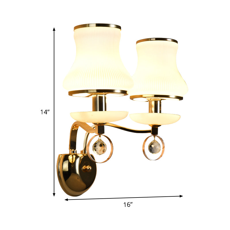 White Glass Flared Sconce Light Modernist 2 Bulbs Wall Mounted Lighting in Gold with Metal Arm Clearhalo 'Cast Iron' 'Glass' 'Industrial' 'Modern wall lights' 'Modern' 'Tiffany' 'Traditional wall lights' 'Wall Lamps & Sconces' 'Wall Lights' Lighting' 331130