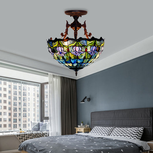 Stained Glass Semi Flush Mount Light Mediterranean 3 Lights Red/Blue Ceiling Lighting for Living Room Blue Clearhalo 'Ceiling Lights' 'Close To Ceiling Lights' 'Close to ceiling' 'Glass shade' 'Glass' 'Semi-flushmount' 'Tiffany close to ceiling' 'Tiffany' Lighting' 331131