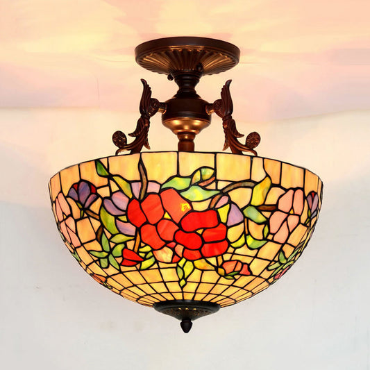 Stained Glass Semi Flush Mount Light Mediterranean 3 Lights Red/Blue Ceiling Lighting for Living Room Red Clearhalo 'Ceiling Lights' 'Close To Ceiling Lights' 'Close to ceiling' 'Glass shade' 'Glass' 'Semi-flushmount' 'Tiffany close to ceiling' 'Tiffany' Lighting' 331136