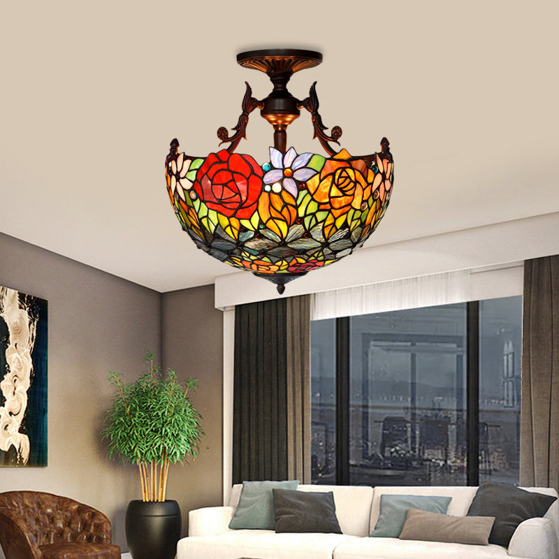 Bronze Blossom Semi Flush Mediterranean 3 Lights Red/Orange/Green Cut Glass Ceiling Mount for Living Room Orange Clearhalo 'Ceiling Lights' 'Chandeliers' 'Close To Ceiling Lights' 'Close to ceiling' 'Glass shade' 'Glass' 'Semi-flushmount' 'Tiffany close to ceiling' 'Tiffany' Lighting' 331139